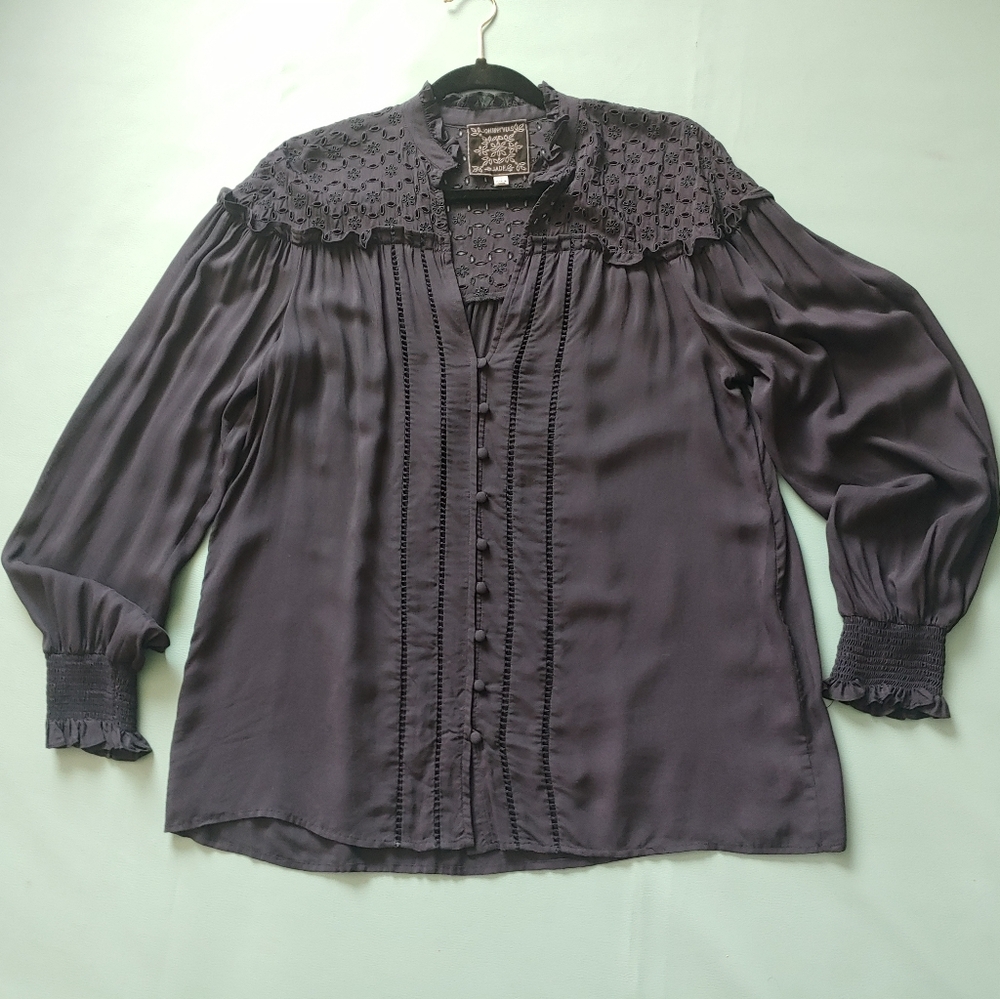 Johnny Was Eyelet Embroidered Ruffles Peasant L/S Button-Down - Picture 7 of 9